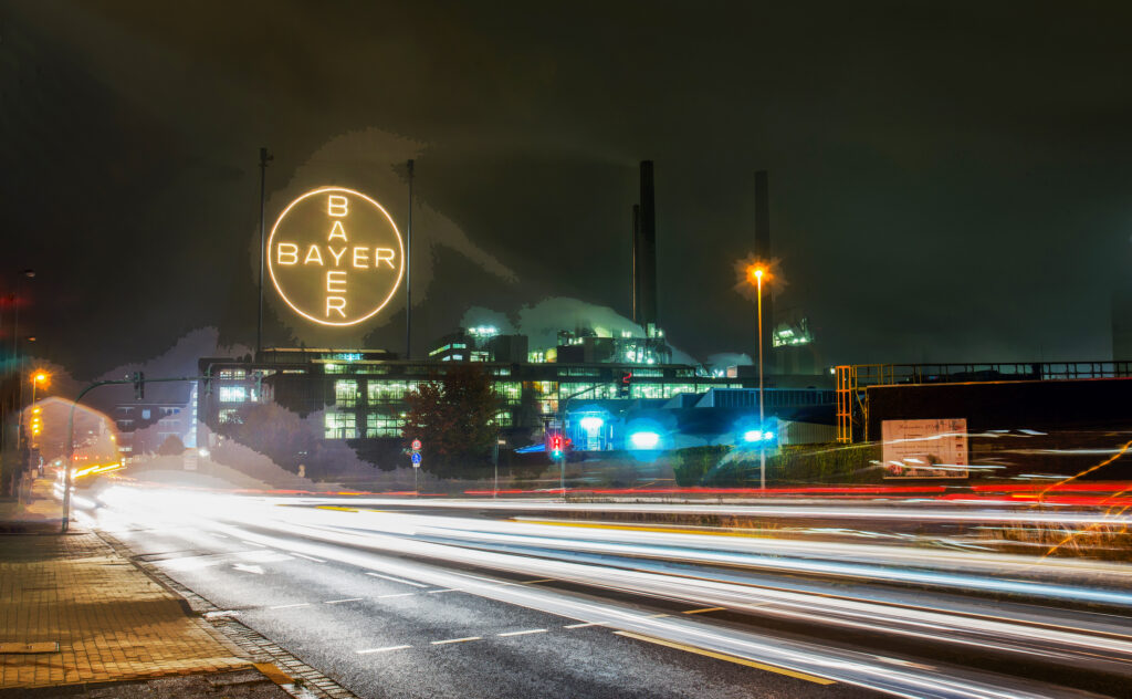 10-25-2015  Leverkusen Germnany  Awe view in night at Sign BAYER   on  buildings of chemical industry   in Leverkusen  and